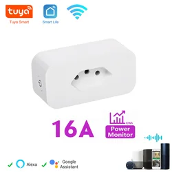 Tuya 16A Brazil Standard WiFi Smart Plug with Power Monitor, Smart Life APP Smart Socket Voice Work for Google Home Alexa