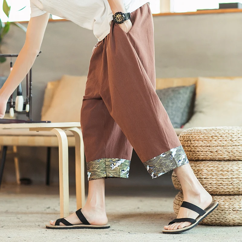 Cotton Linen Pants for Men Plus Size Chinese Style Vintage Calf Length Pants Summer Breathable Wide Leg Pants