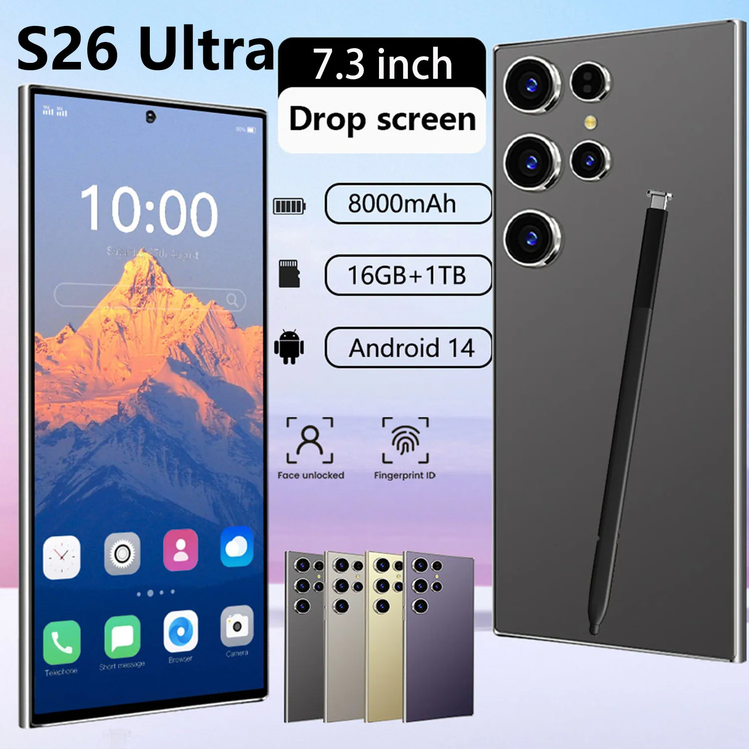 

2025 New S26 Ultra Original Intelligent 5g Dual Card Android14 Global Version 8000mah Battery Facial Recognition Function