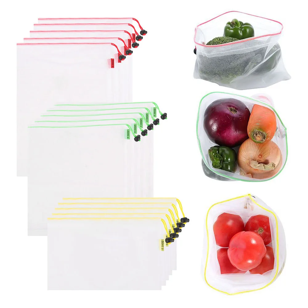 Set of 15 Reusable Mesh Bags Vegetables Fruit Mesh Bag Transparent Grocery Storage Bag Produce Bags with Drawstring