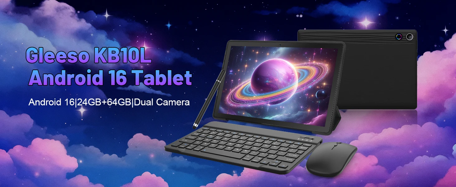10.1 Inch Android 16 Tablet Bundle 24GB(3+21) RAM 64GB ROM A333 Five-Core Tablet PC With Keyboard Protective Case Stylus Pen Mouse Earphone Charger 6000mAh Widevine L1 Black Tablet Set