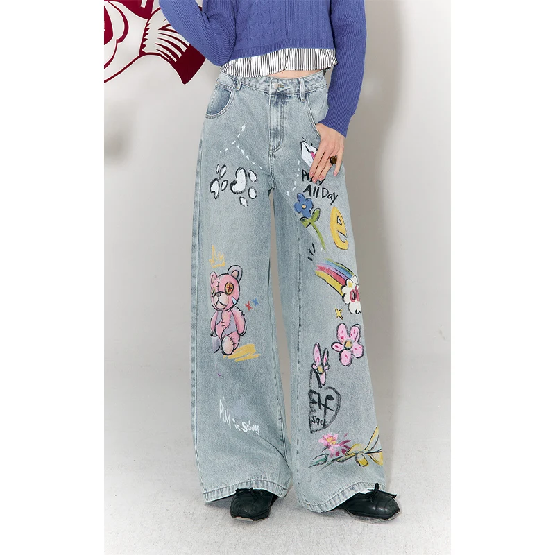 

ELFSACK Women's High Waist Wide Leg Jeans with Cute Cartoon Embroidery, Y2K Streetwear Denim Pants for Casual Outfit