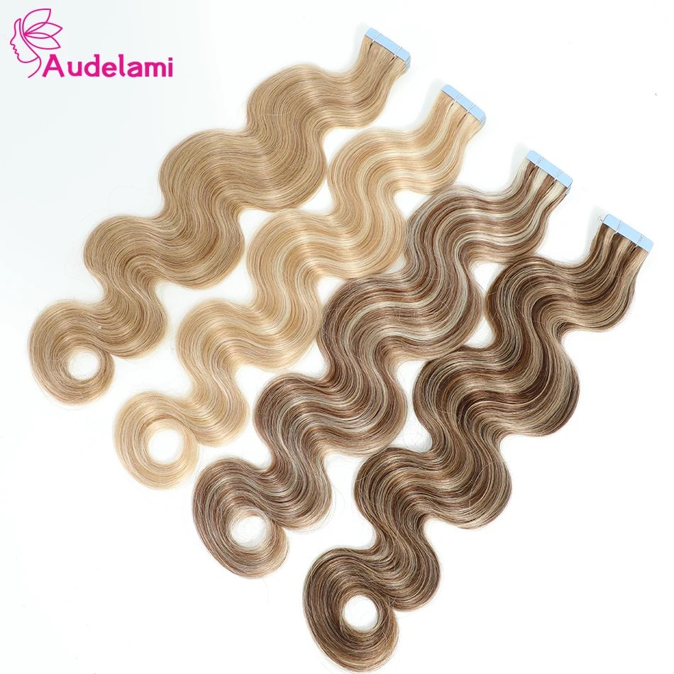 Audelami-extensiones de cabello humano 100% Real para mujer, extensiones de cabello con cinta en forma de ondas corporales, de 12 a 26 pulgadas, 2,0g por pieza, 40g por juego