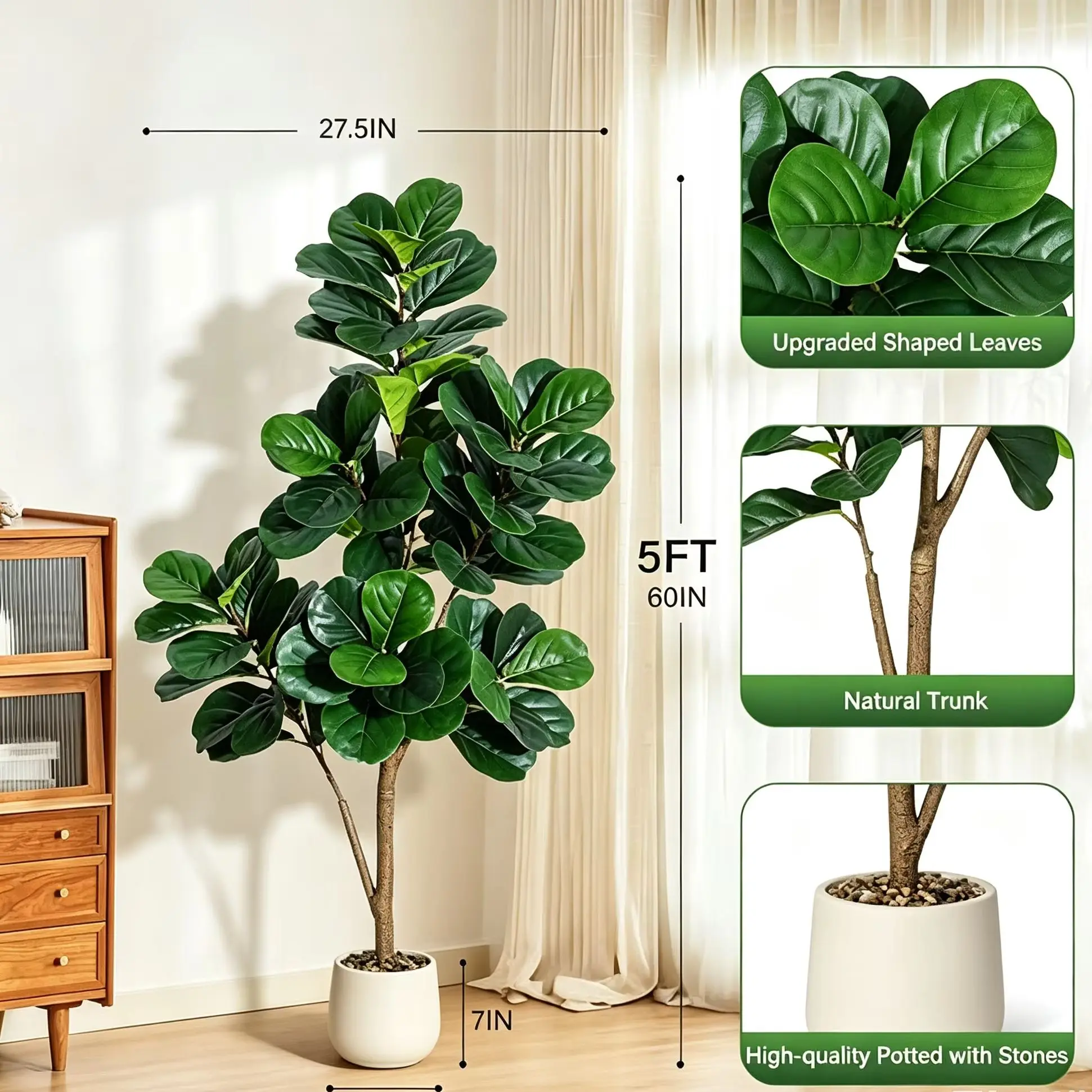 Ficus Lyrata Artificiel de 1,5 m, 77 Feuilles Réalistes en Faux Ficus Lyrata avec Veines 3D, Pot en Céramique Blanc de 20 cm avec Galets Décoratifs, Plante d'Intérieur Artificielle pour Maison, Bureau, Salon, Couloir