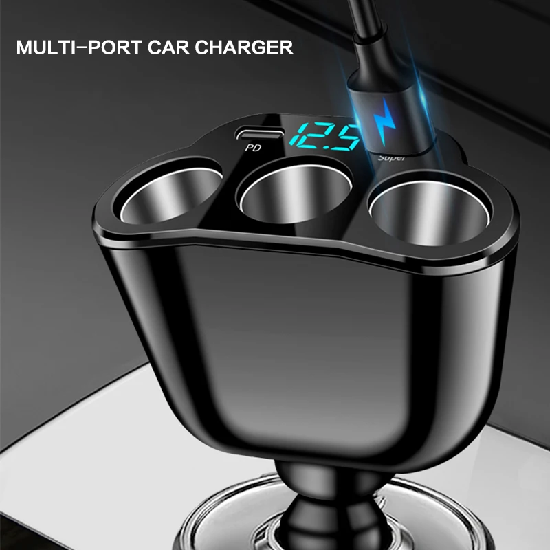 

Автомобильное зарядное устройство-разветвитель, 3-портовый адаптер для автомобиля с LED-вольтметром, быстрое автомобильное зарядное устройство с двумя USB-портами PD