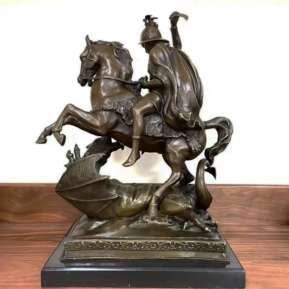 Large Bronze Saint George Slaying The Dragon Statue Legendary Medieval Knight Sculpture Antique Handicrafts for Home Decoration