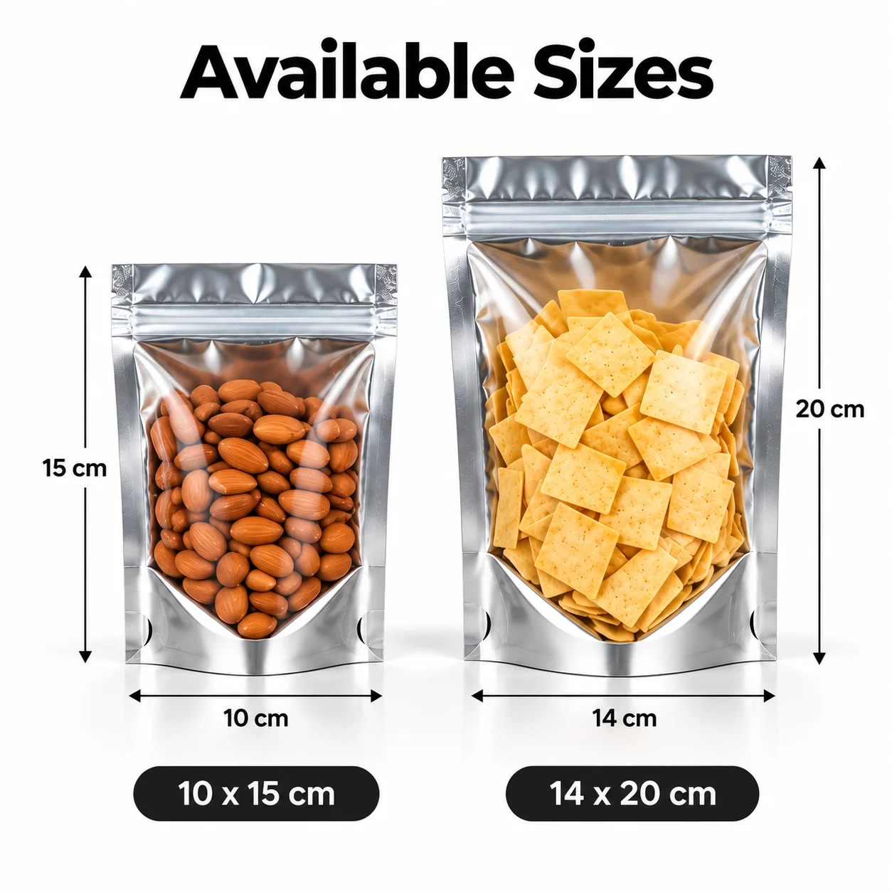 50pcs Silver Foil Stand Up Ziplock Bags Clear Window Food Storage Pouches 10x15cm 14x20cm