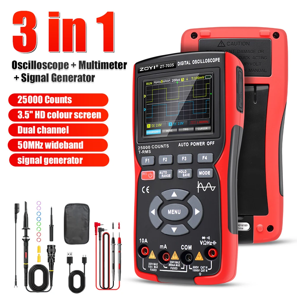 Oscilloscope Signal Generator 3in1 Digital Multimeter Dual Channel 50MHz Bandwidth 280MS Sampling Rate PC Waveform Data Storage