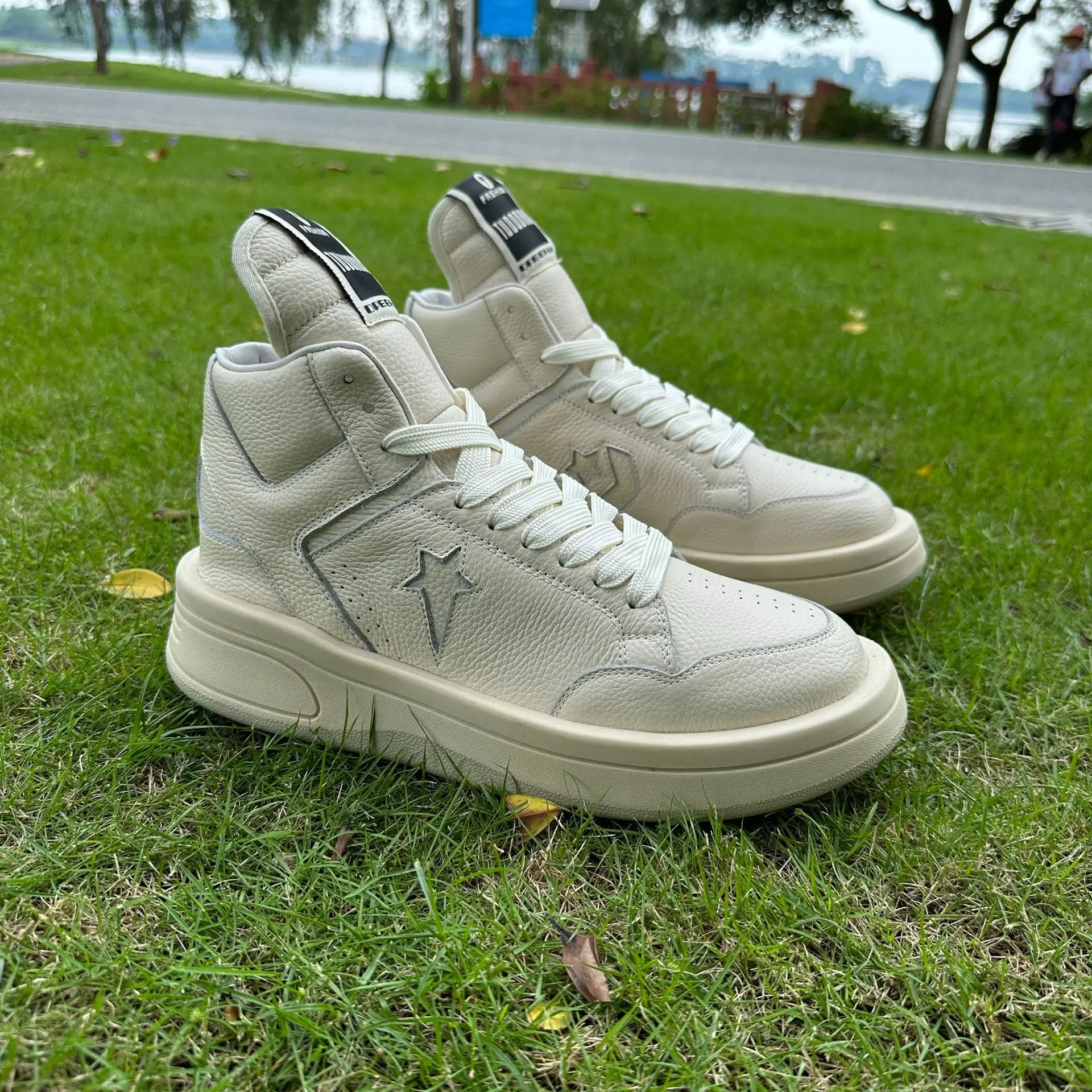 full grain leather high top white sneakers breathable comfy thick sole versatile casual shoes in stock view 4