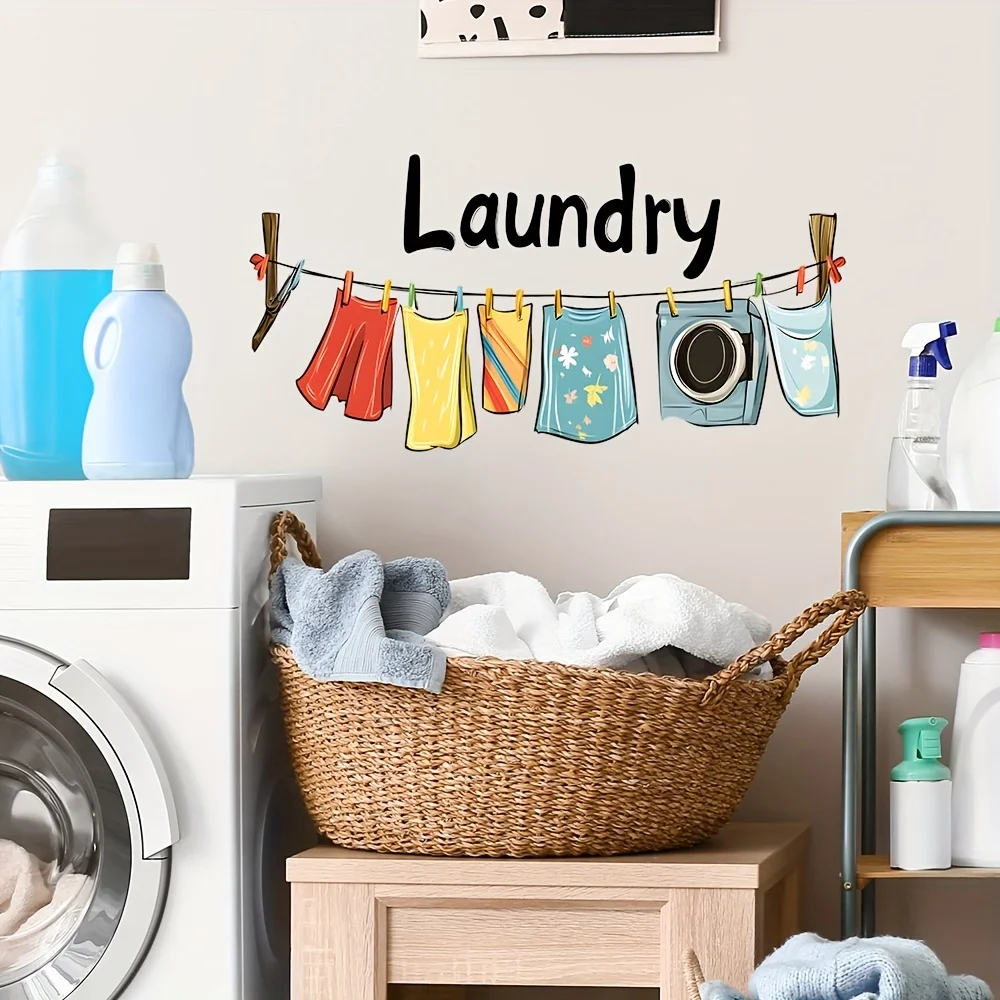 1Pc Fun Laundry Room Sign Wall Sticker, Cartoon Clothes and Socks Design, Self-Adhesive Pvc Home Decor Sticker, Suitable for Washing Machine/Dryer Area, Doors, Windows, and Wall Decals, Fun Stickers That Are Aesthetically Pleasing and Practical, Easily Create a Warm and Fun Space, a Creative and Thoughtful Gift for Family, Friends, and Loved Ones