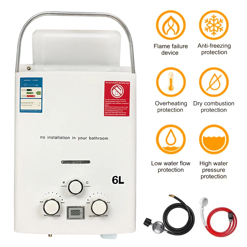 LPG Propane Gas Tankless Water Heater 6L Outdoor Camping Instant Heating Bath With show Head Hot Water Heater Car Truck Tent