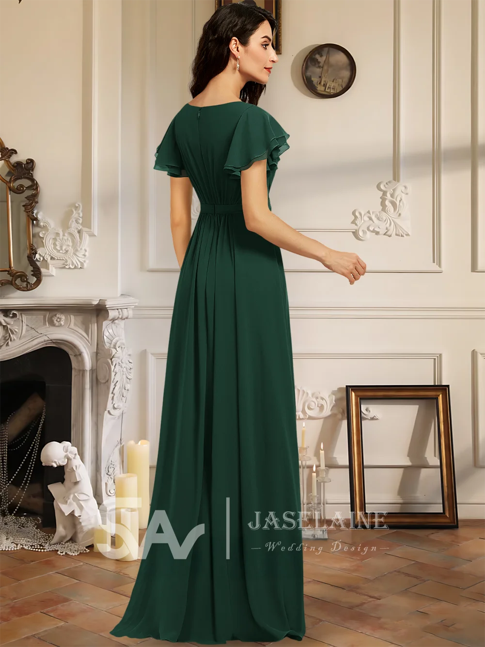 

LA Women Bridesmaid Dress A-Line Scoop Neck Floor-Length Chiffon Ruffle Wedding Guest Evening Party Cocktail Dresses Women