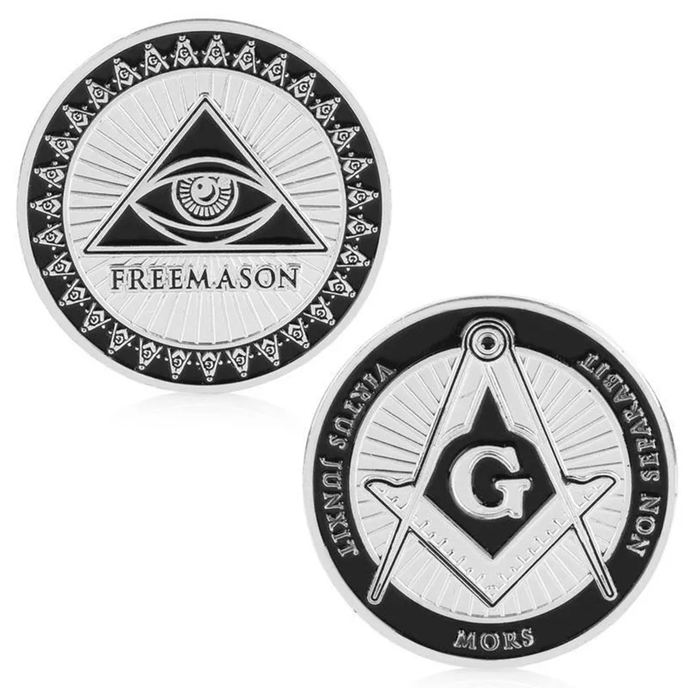 Masonic Challenge Coin Compass & Square G Symbol Virtus Junxit Mors Silver Collectible Gift for Freemason