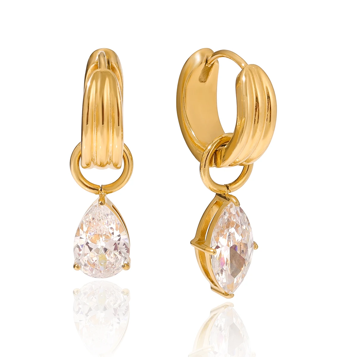 Youthway Fashion Teardrop-shaped White Zirconia Pendant Earrings Stainless Steel with 18k Gold Color Plating Women's Earrings