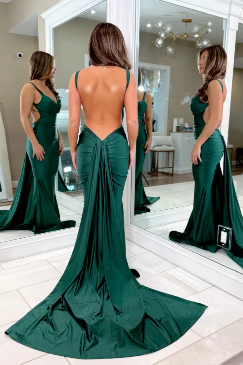 Jessica Formal Occasions Evening Dresses Green Imitation Silk Satin Prom Dresses Sexy Backless Train Party Dresses