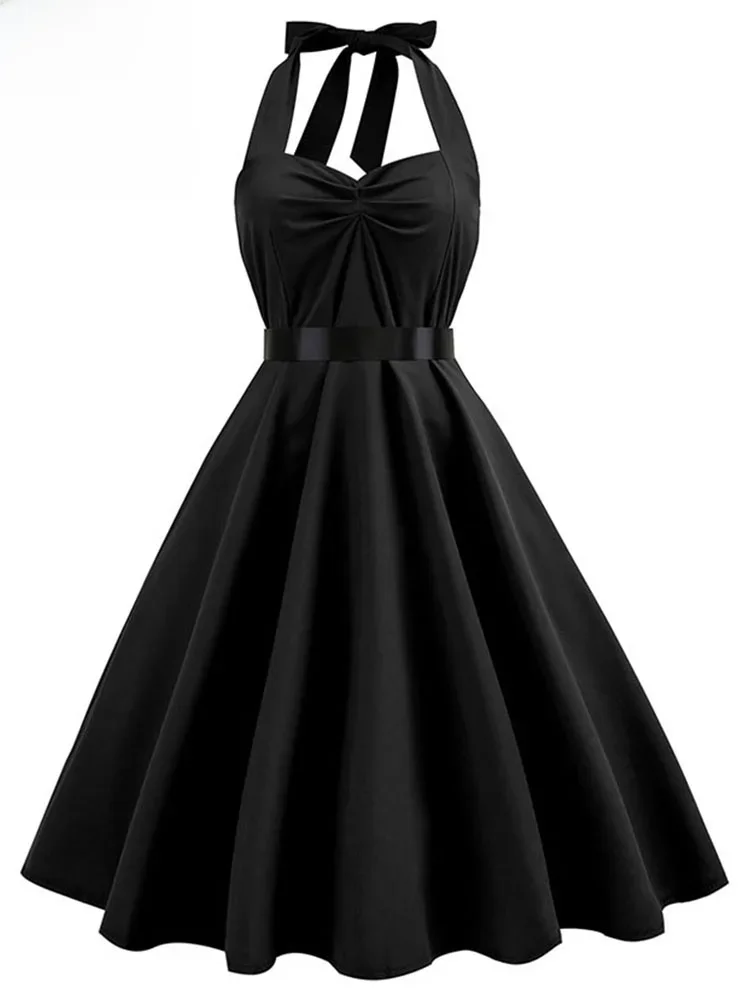 Seksowna sukienka halter na imprezę, damska letnia sukienka bez pleców w stylu vintage, retro rockabilly, elegancka sukienka midi typu swing, sukienka letnia. — zdjęcie 2