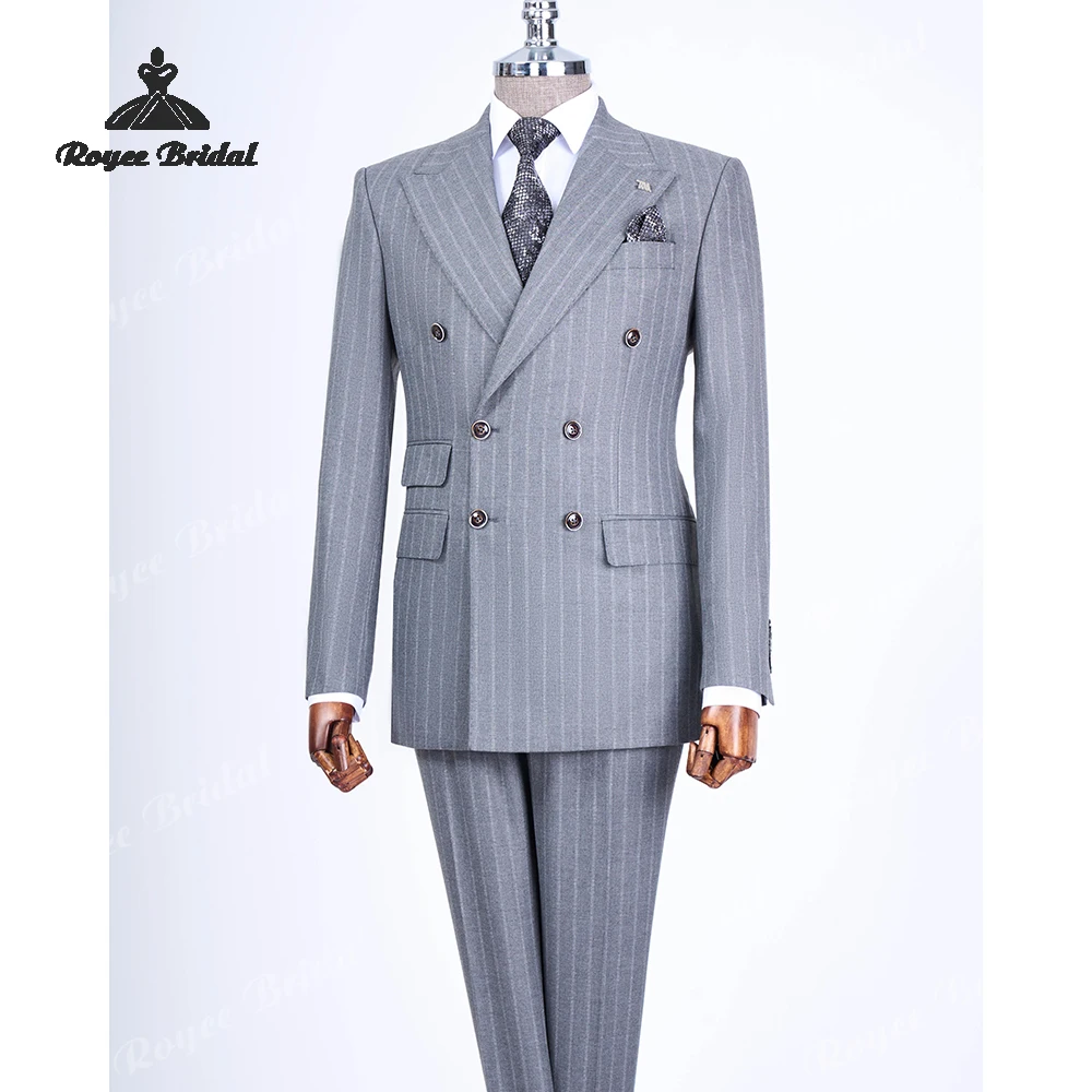 

Gray Stripes Peak Lapel Men's Suit Wedding 2026 Stripes Two Piece Double Breasted Business Suit Customized trajes para hombre