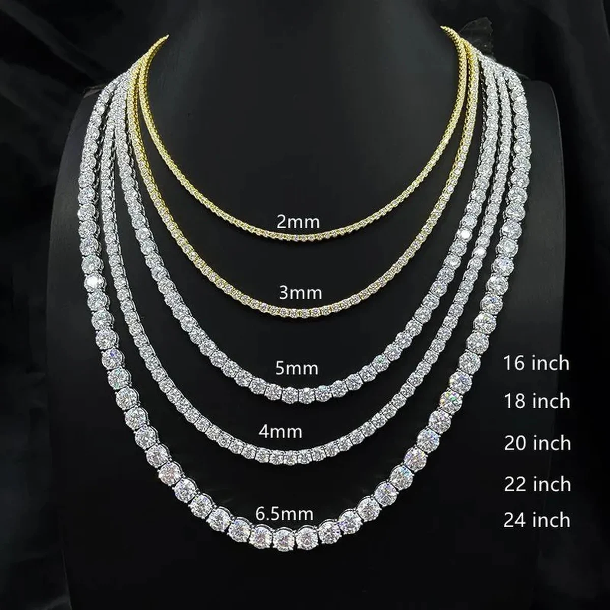 LEKANI D Color VVS Moissanite Tennis Chain Necklace Bracelet for Men Women Solid 925 Sterling Silver 14K Yellow Gold White Gold Plated Round Cut 2mm 3mm 4mm 5mm 6.5mm Fine Jewelry Hip Hop Luxury Wedding Anniversary Birthday Christmas Gift