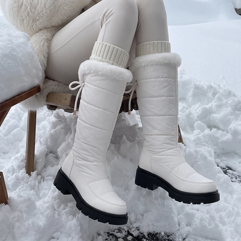 Knee High Snowboots wedge heel Warm Fur Lining Thick Sole Lace Up Waterproof Non-slip Outdoor Fashion Long Boots for Ladies