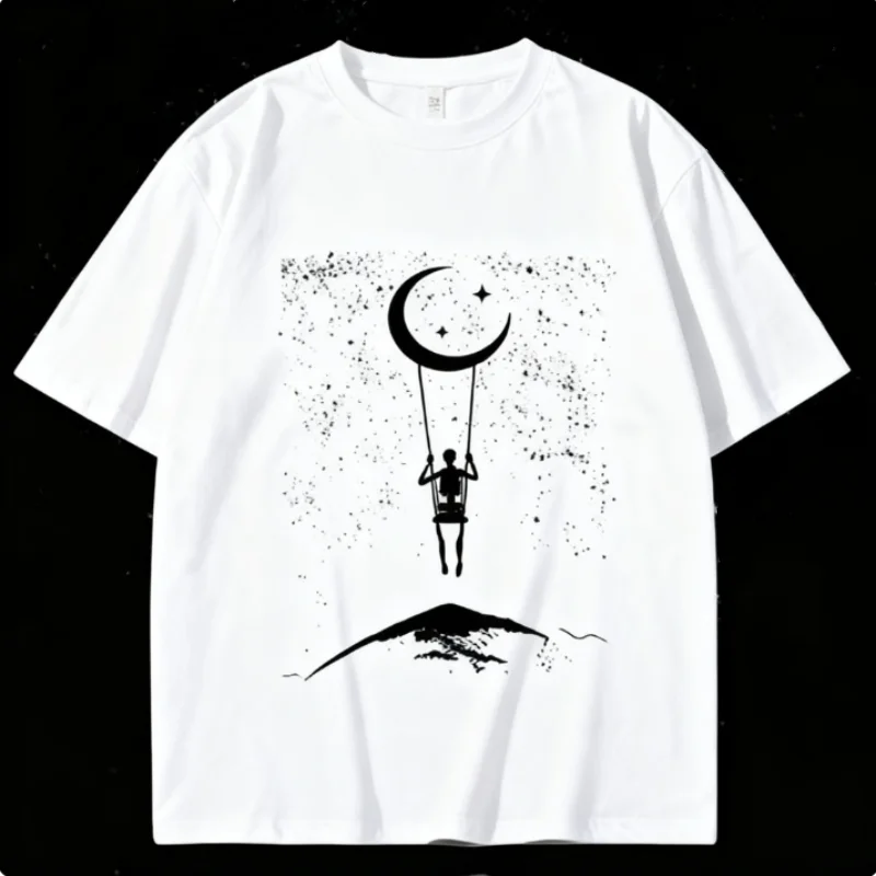 T-shirt manches courtes unisexe, 100% coton, imprimé Swing céleste, surdimensionné, motif créatif de lune et d'étoile, usage quotidien, tendance