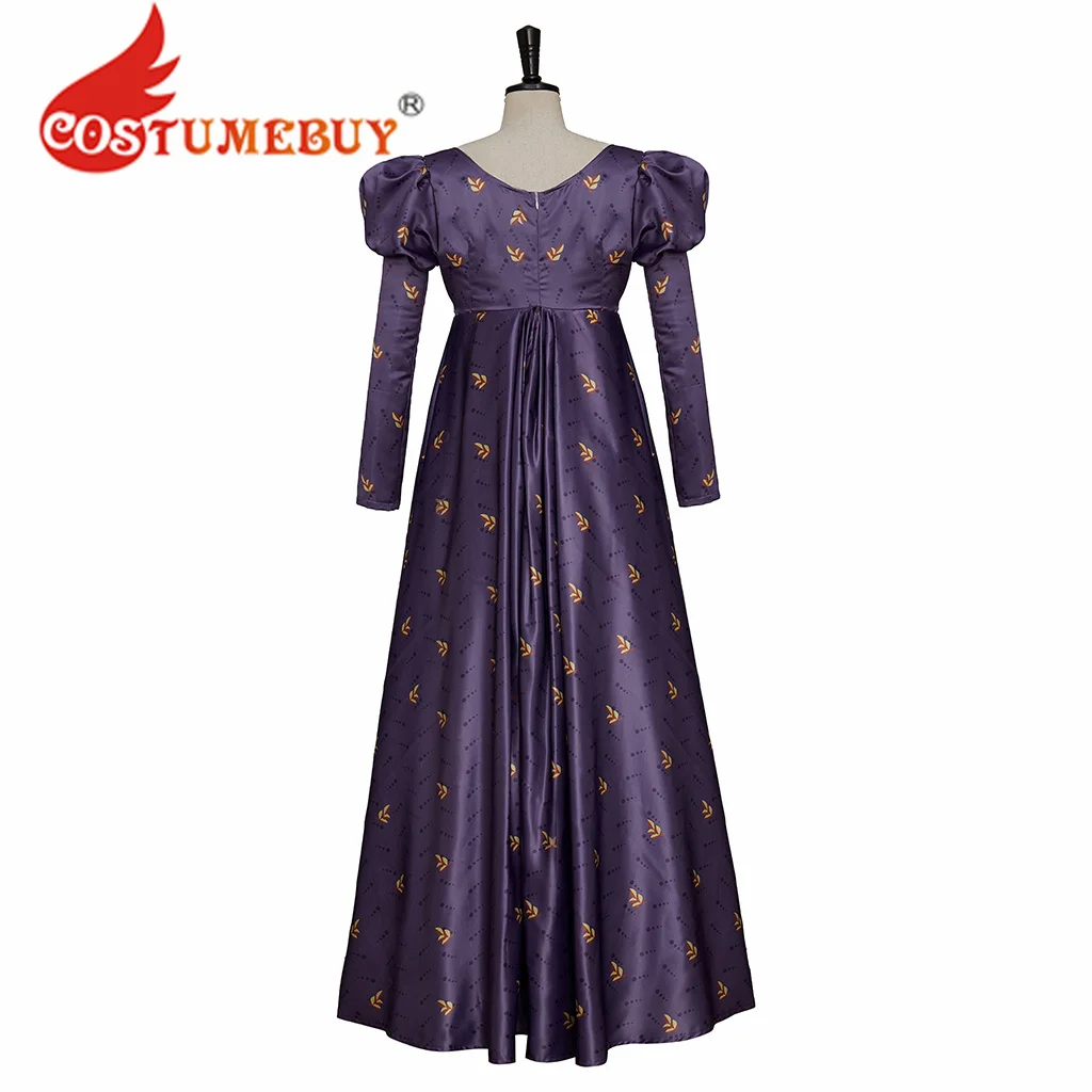 CostumeBuy Regency Empire Dress Jane Austen Vintage Dress High Waistline Tea Party Dress Gown Purple Floral Puffy Sleeve Dress