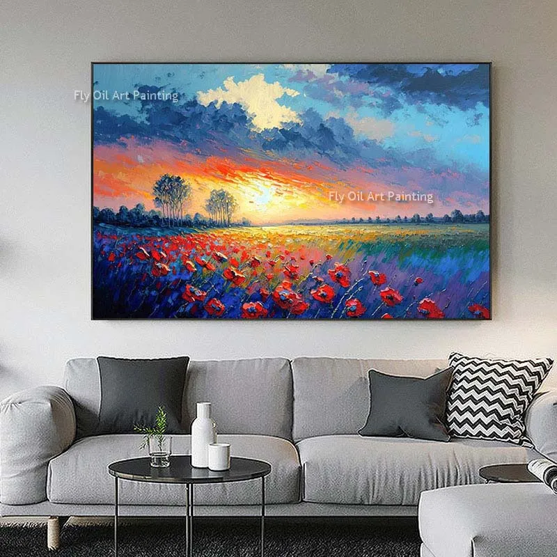 Wildflower Field Landscape Floral Wall Art Hand Painted Sunset Painting and Vibrant Field Of Flowers Oil Canvas Painting Decor