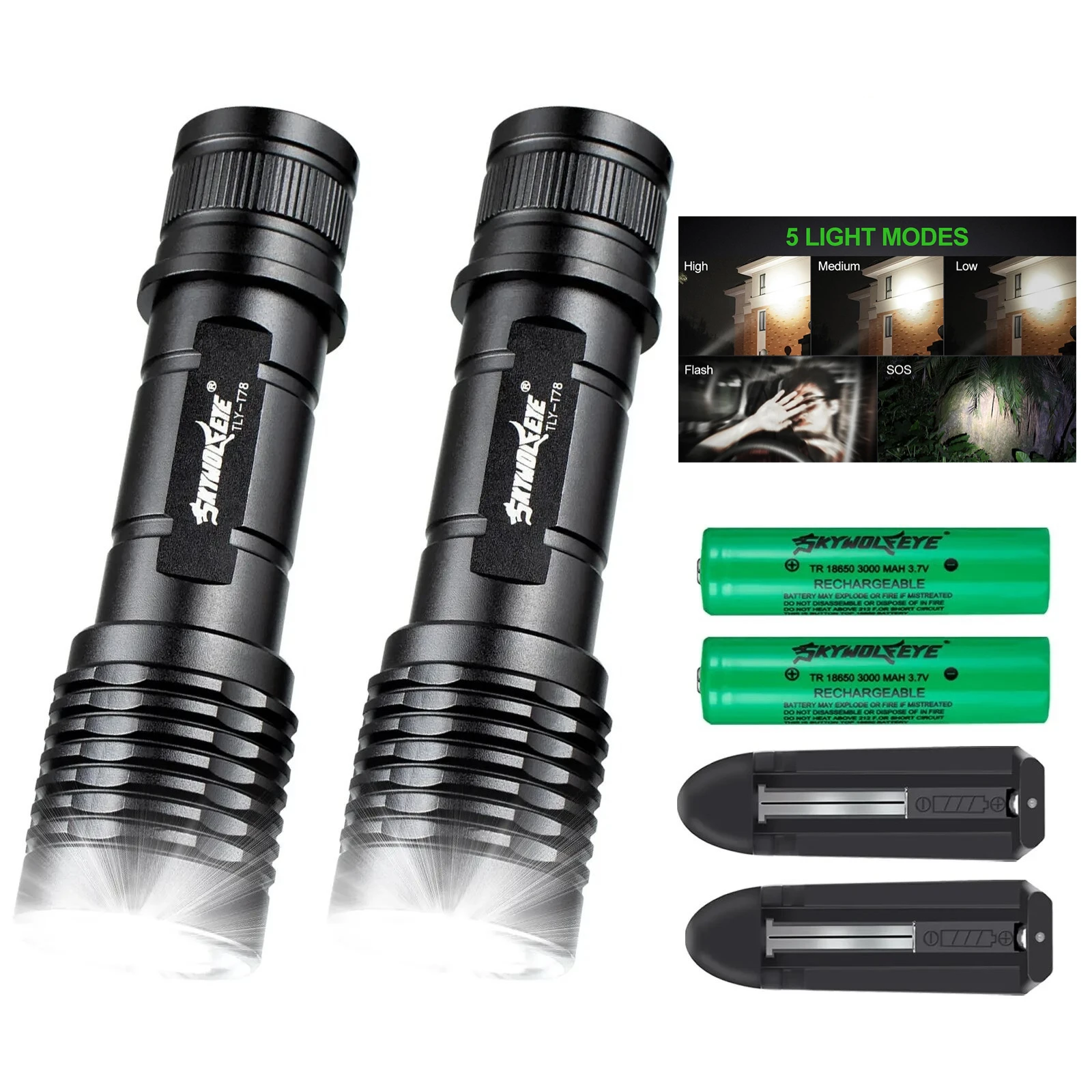 2 Pack Skywolfeye Super Bright LED Mini Flashlights Waterproof Torches with 5 Modes for Camping Night Running and Emergency