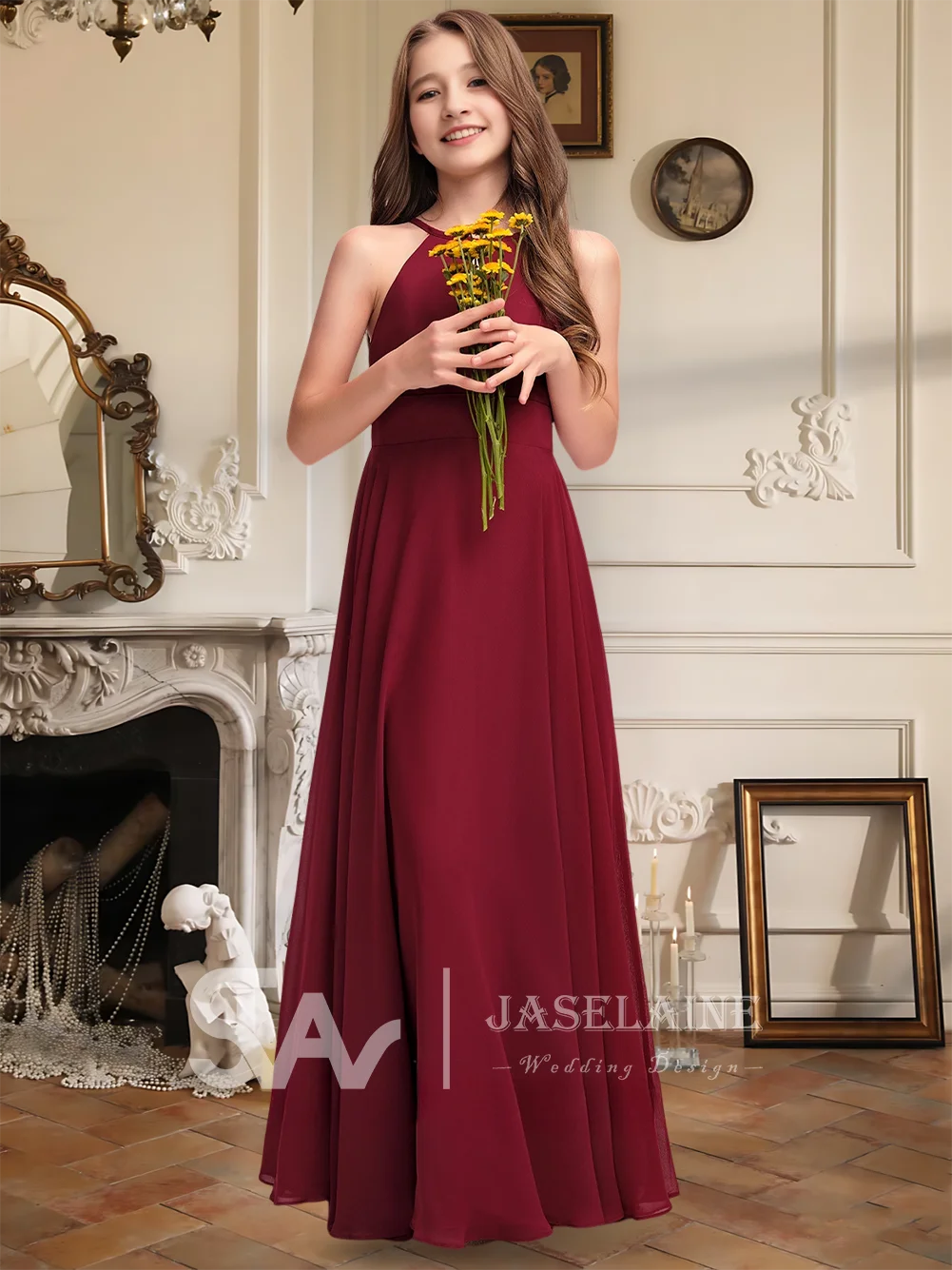 Um até o chão a linha halter chiffon júnior vestido de dama de honra vestido de menina de flor crianças menina ocasião especial festa de casamento formal