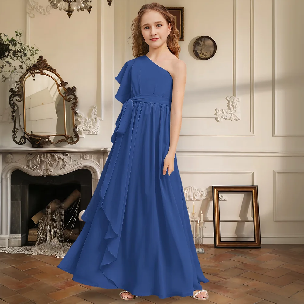 

Elegant A-Line One Shoulder Floor-Length Chiffon Junior Bridesmaid Dress Flower Girl Dress Belt Sash Girls Party Formal Wedding