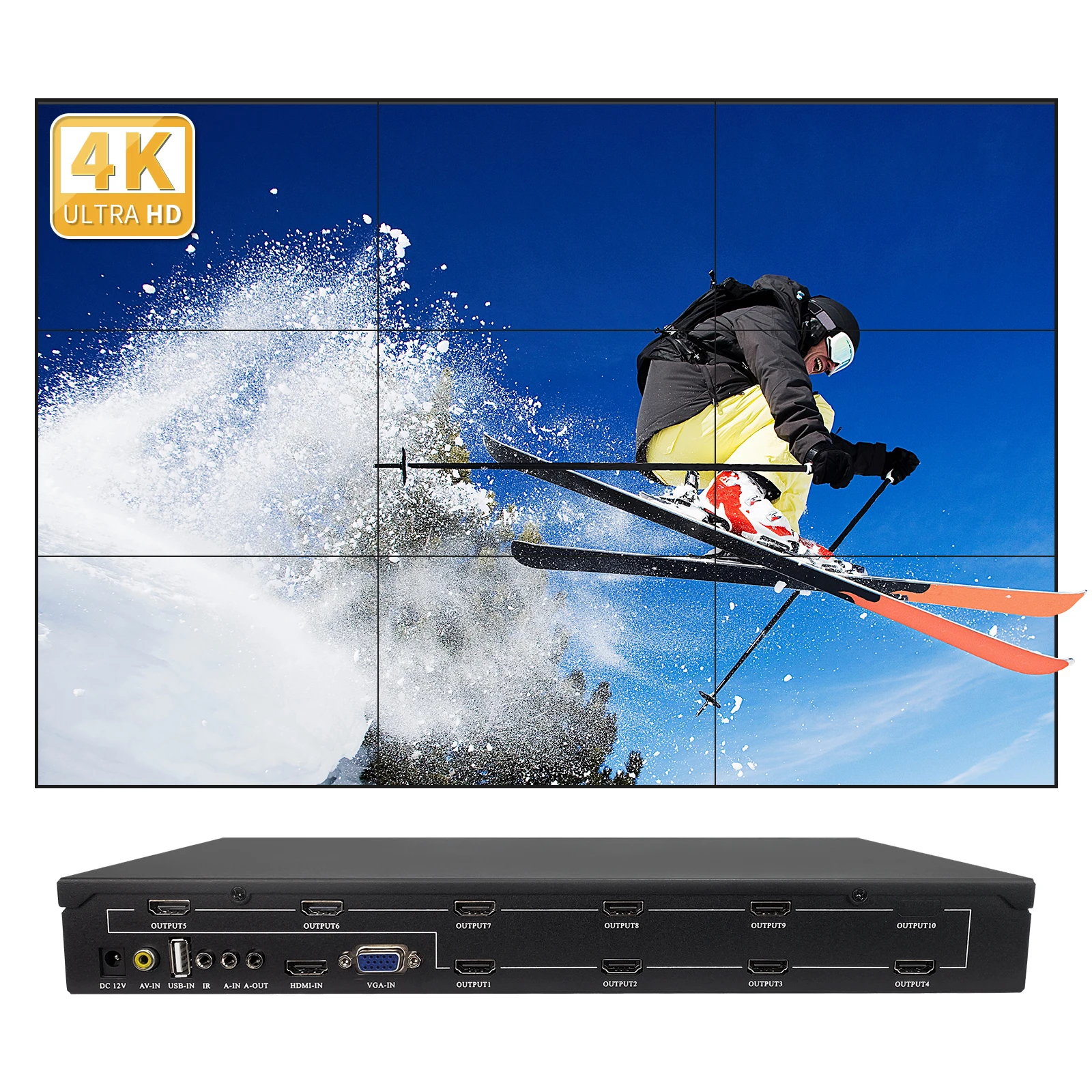 

HDMI video wall controller 3x3 4K multi-screen splicing processor 4096x2160@60HZ 1 in 9 out video wall TV splicing box 180° flip