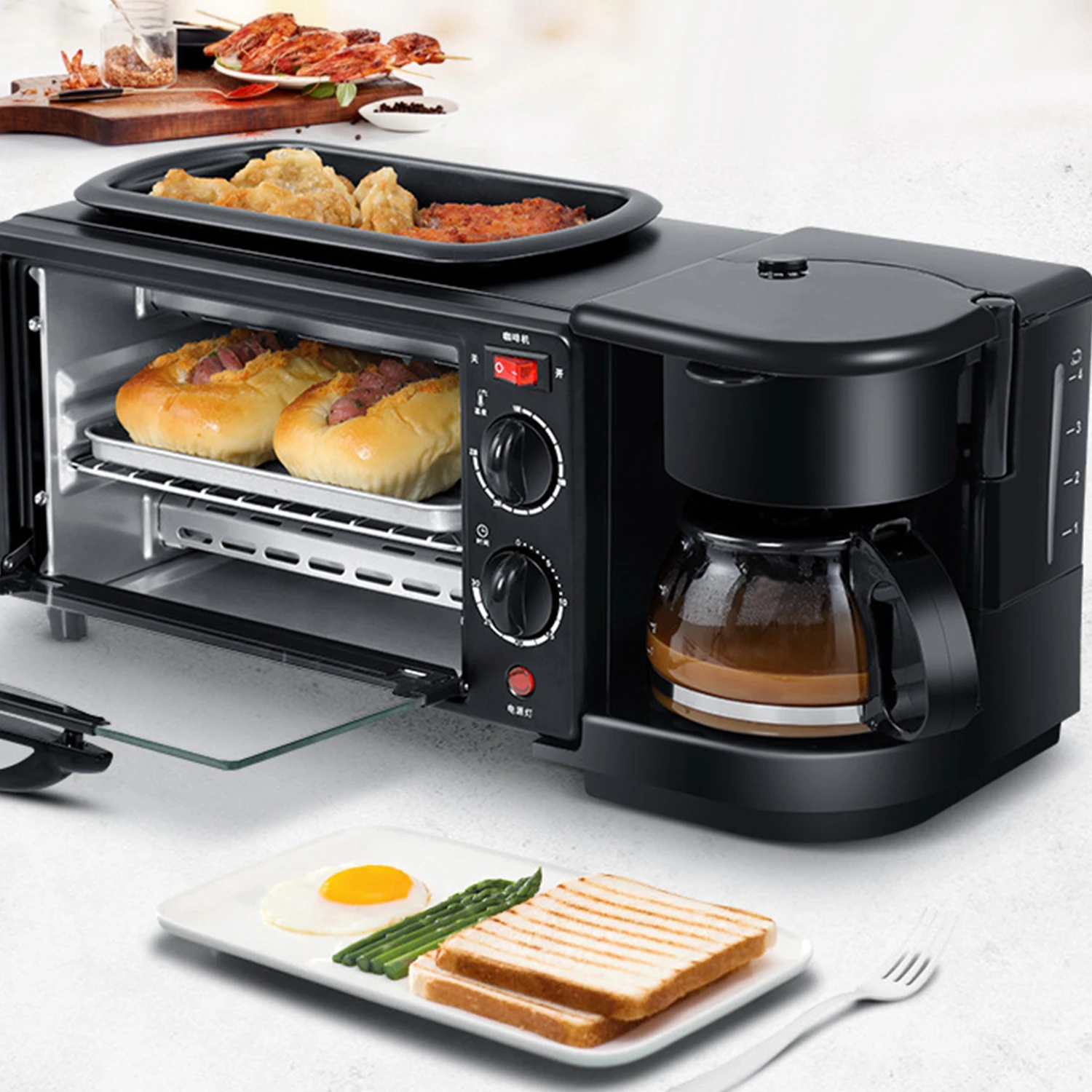 Máquina de desayuno eléctrica multifuncional, cafetera con ventana de visión, cocina, sándwiches, café, horno para freír carne