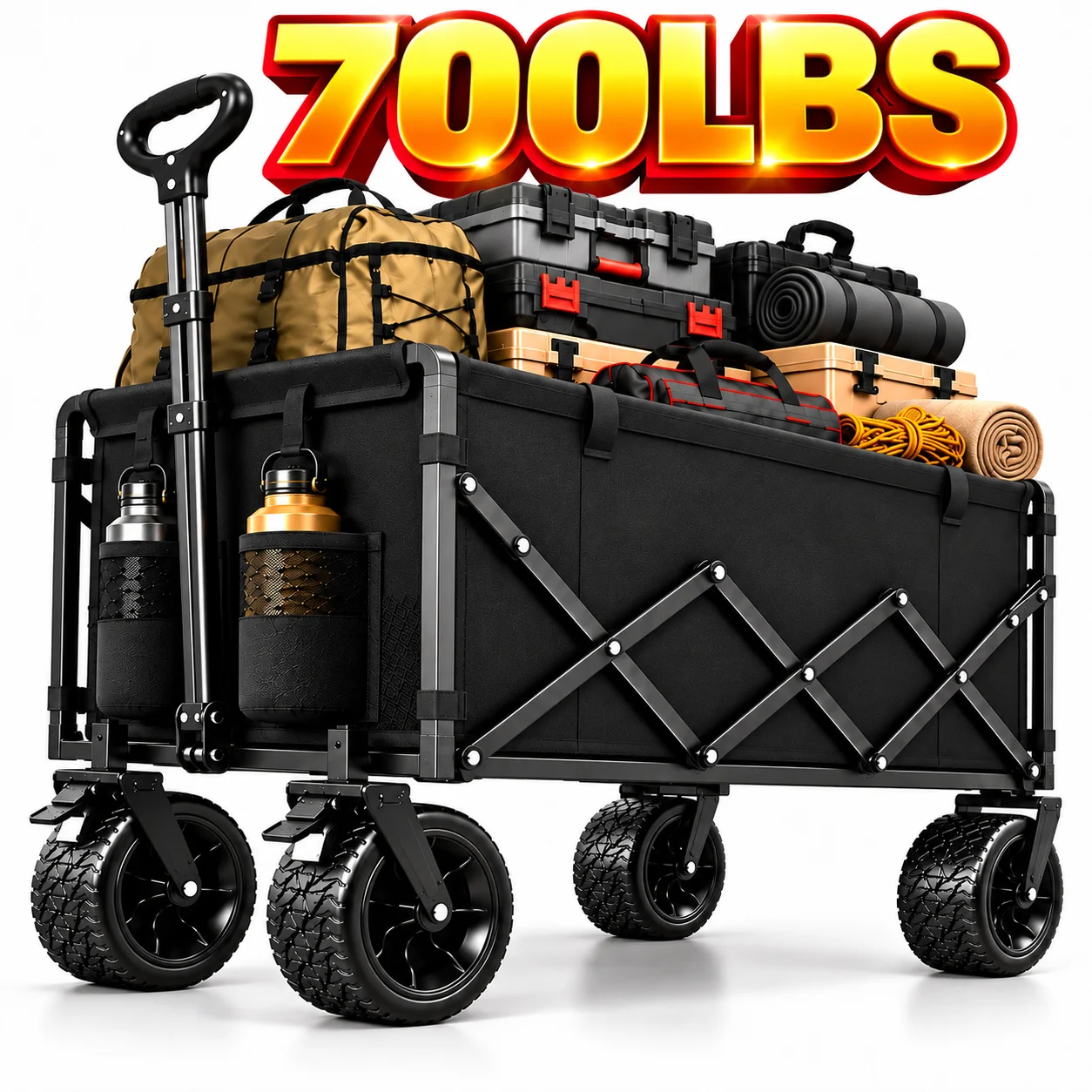 700/500/110 Lbs All Terrain Heavy Duty Folding Cart, Large Capacity Camper Suitable For Yard Shopping/ Sports/ Outdoor/ Gardening Equipment Handling, Black Multifunctional Utility Cart