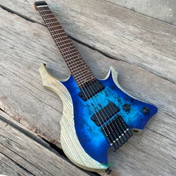 7 String Blue Headless Electric Guitar, Fanned Frets, Active Pickups, 9 Piece Roasted Maple Neck, Jumbo Stainless Steel Fret