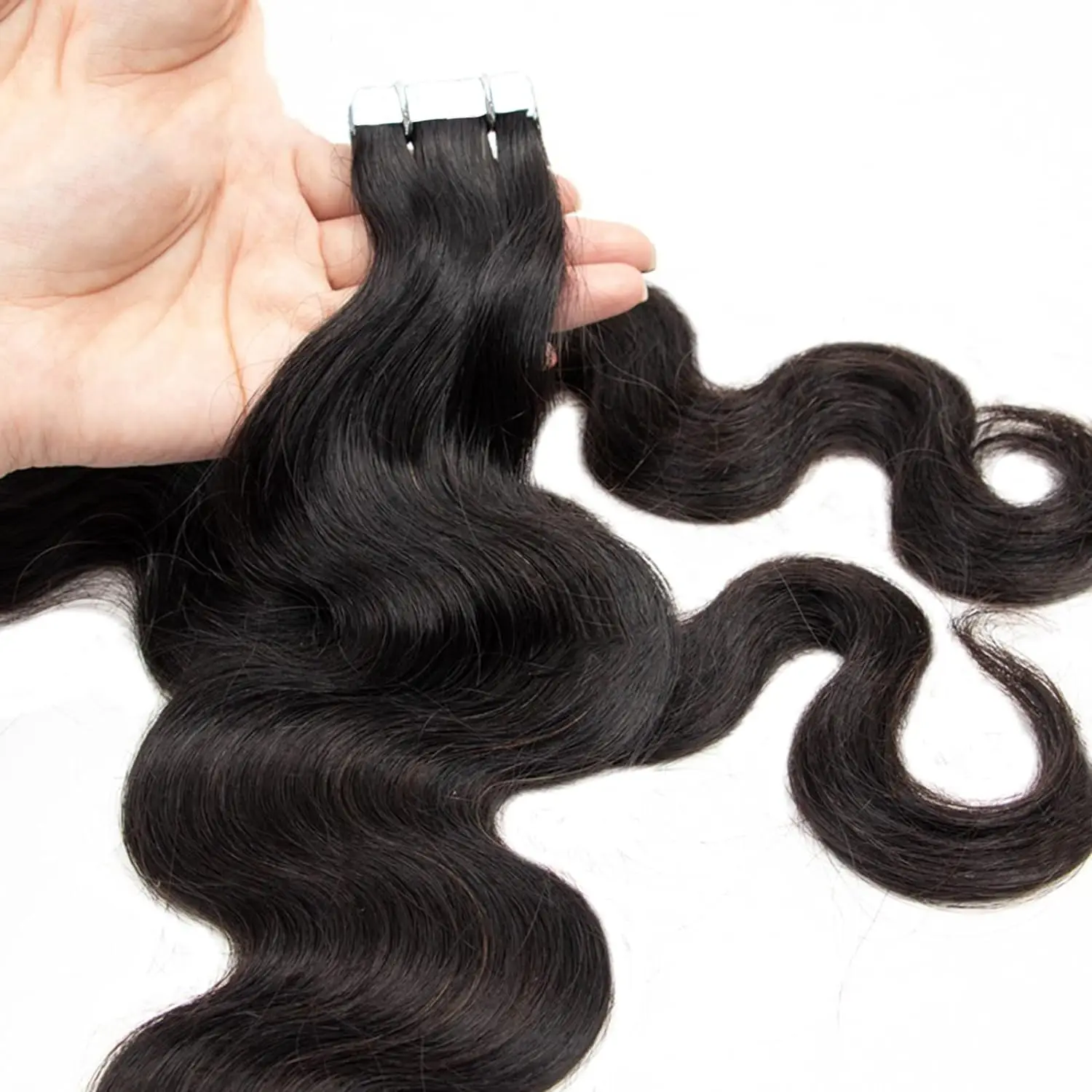 Extensões de cabelo humano para mulheres, Fita nas extensões do cabelo, Trama lateral dobro da pele, Cabelo humano real de 100%, Cor preta natural