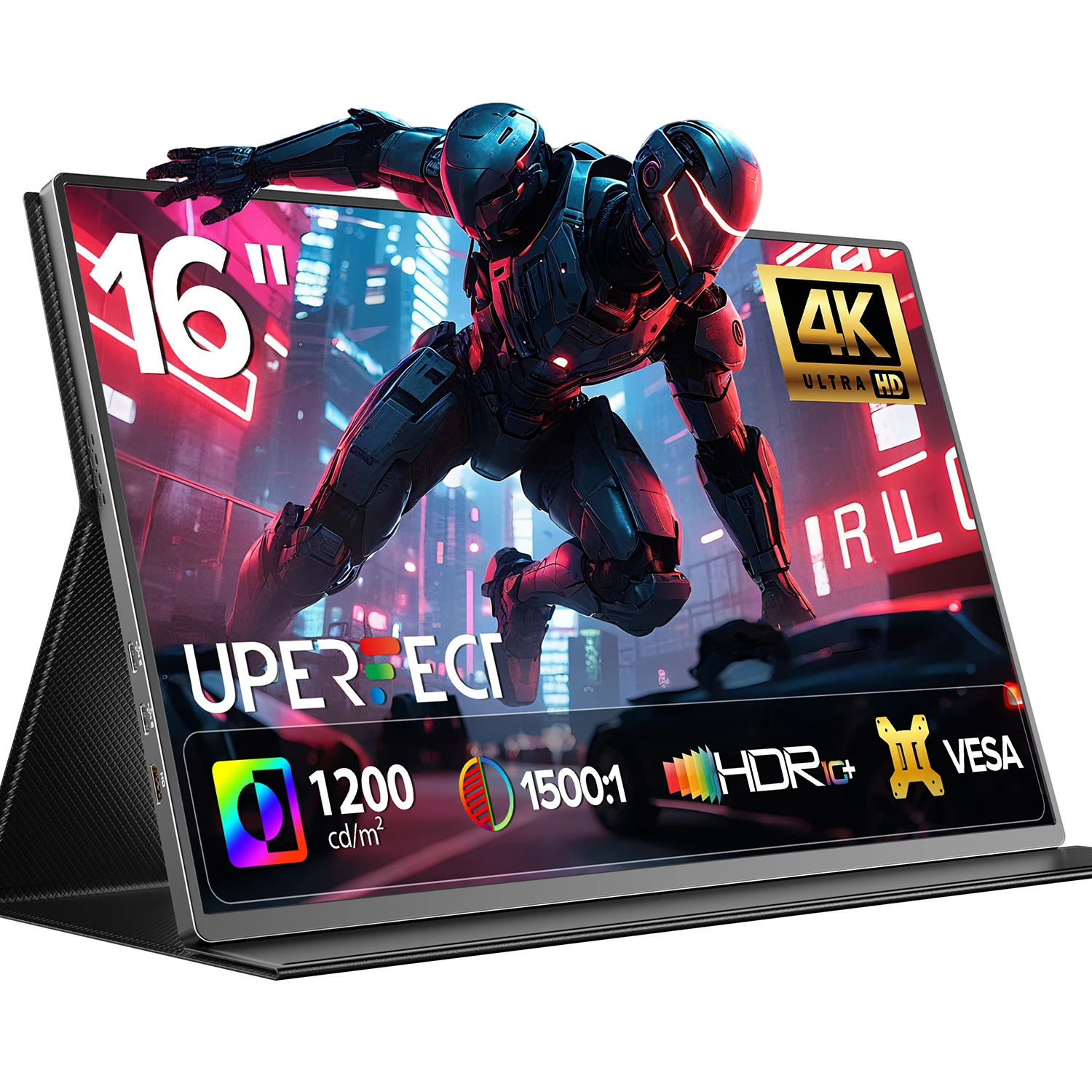 Monitor Portátil UPERFECT de 16'' 4K, Pantalla Extendida para Laptop, 1200 Nits, USB C, HDMI, Pantalla para Juegos de PC con Altavoces y Soporte