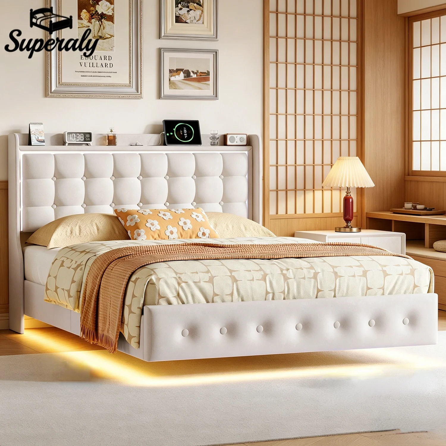 Lit double Superaly avec éclairage LED et station de charge USB, lit flottant 140x200cm/160x200cm avec tête de lit et sommier à lattes