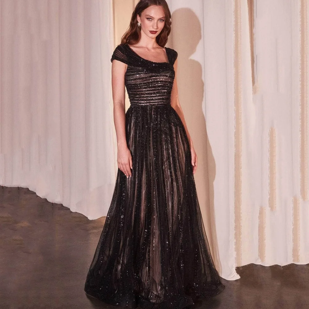 Exquisite Tulle Shiny Customized Prom Dress A Line Sequined Evening Gowns Cap Sleeves Party Dresses robes de soirée