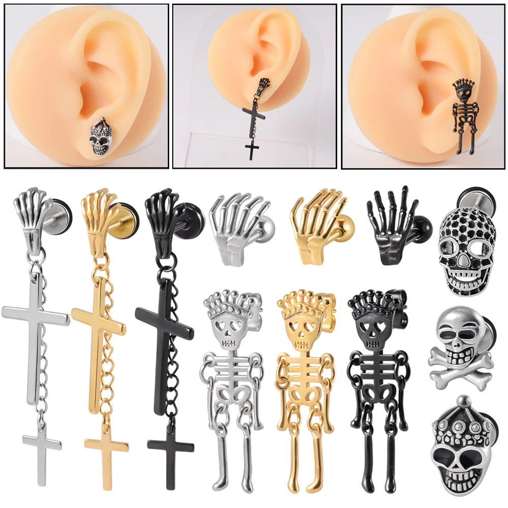 1PC Surgical Steel Punk Earrings Skull Dangle Hoop Earrings Demon Hand Ear Tragus For Women Men Cartilage Ear Piercing Jewelry