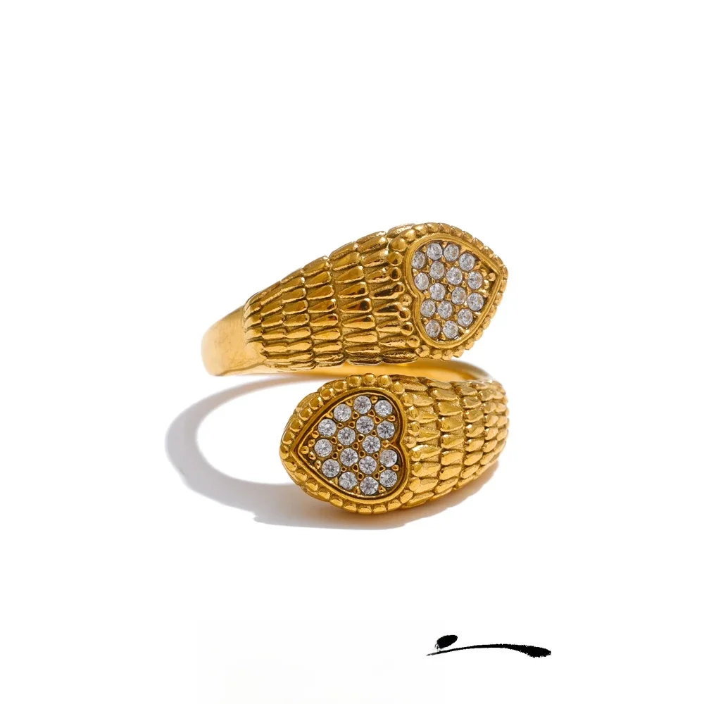 Yhpup Stylowy regulowany pierścionek ze stali nierdzewnej z cyrkoniami w kształcie serca węża dla kobiet 18K PVD Plated Jewelry New — zdjęcie 2
