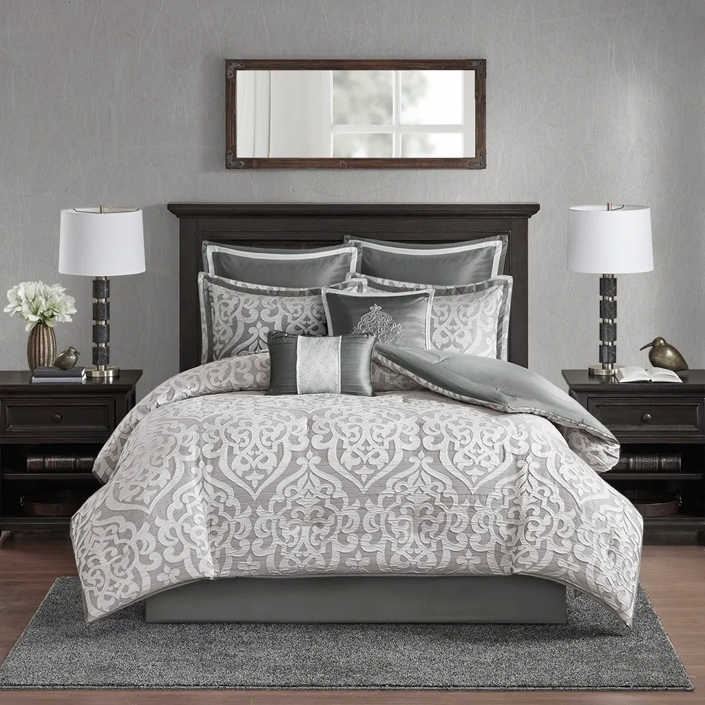 

8 Piece Jacquard Comforter Set Silver/Silver King (Silver+Silver + Polyester + King)"