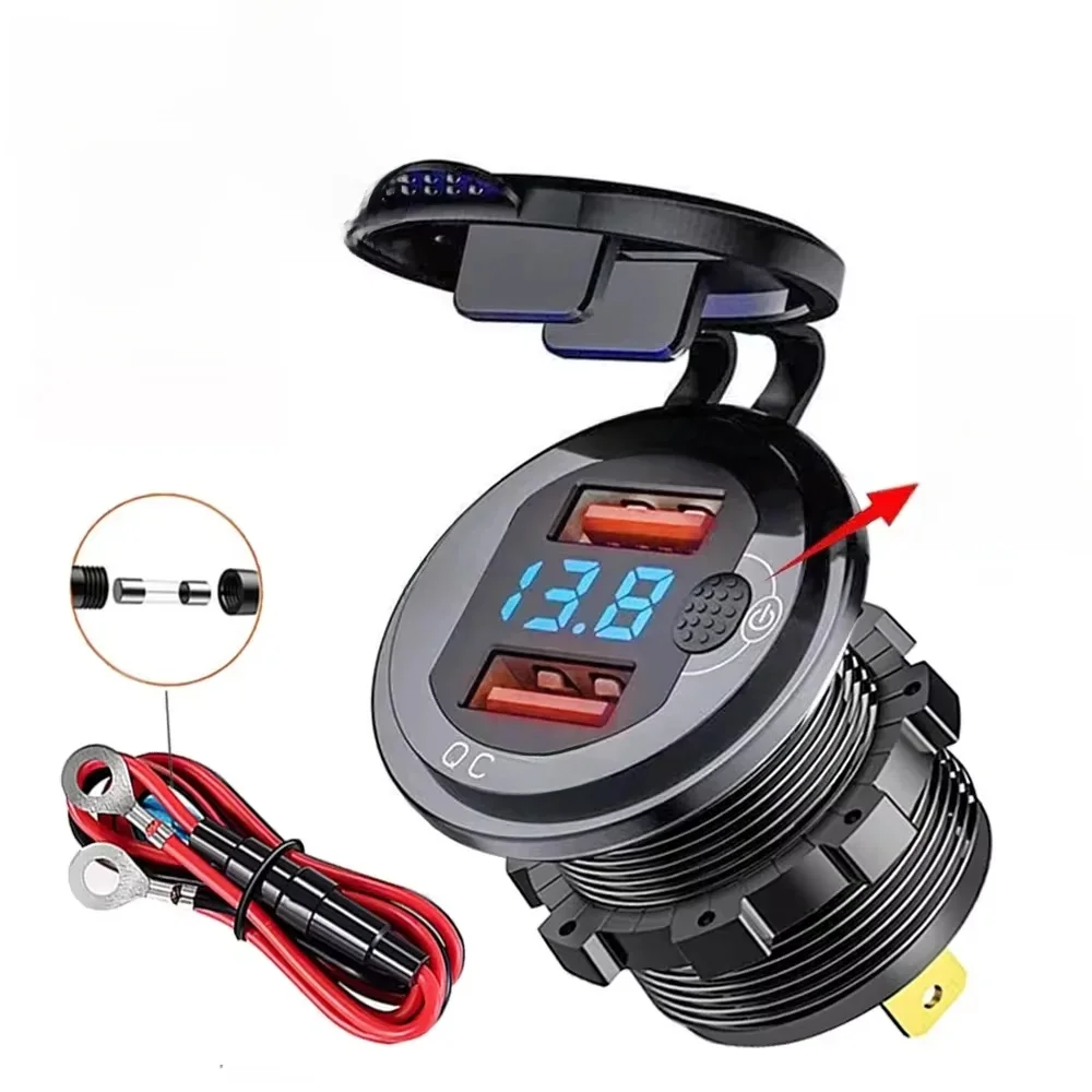 Podwójna ładowarka samochodowa Qc3.0 Gniazdo zapalniczki Wodoodporne szybkie ładowanie USB z przełącznikiem woltomierza Adapter szybkiego ładowania 12/24 V — zdjęcie 2