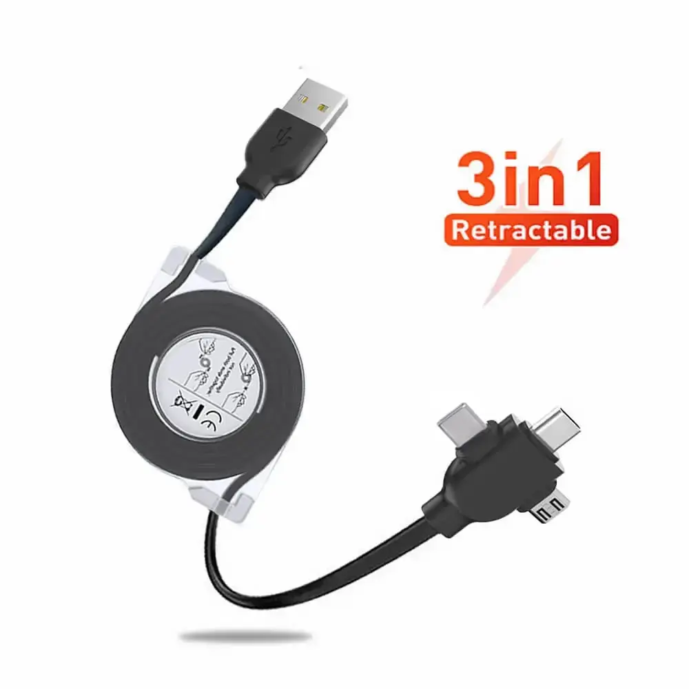 Retractable Multi Fast Charging Cord 3 in1 USB Cable with 8pin/Micro USB/Type C Data Sync Charger for iPhone,iPad,Samsung & More