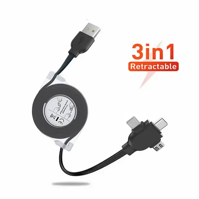 Wysuwany kabel USB do szybkiego ładowania 3 w 1 z 8-pinową/mikro USB/ładowarką do synchronizacji danych typu C dla iPhone'a, iPada, Samsunga i innych