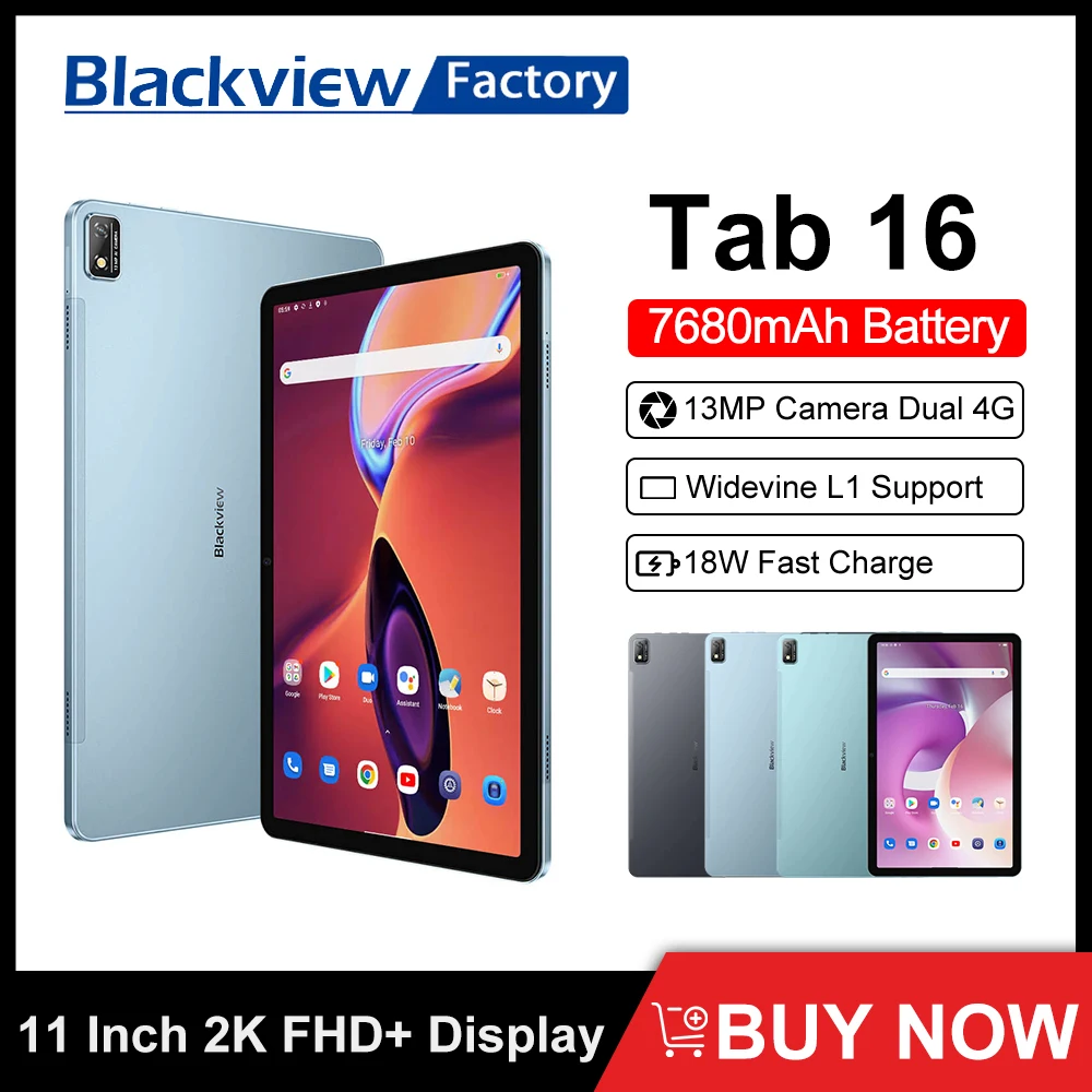 BLACKVIEW Tab 16 Tablet 11 Inch 2K FHD+ Display Tablets Dual 4G 8GB 256GB PC Android 12 Widevine L1 T616 7680mAh 13MP Camera Pad