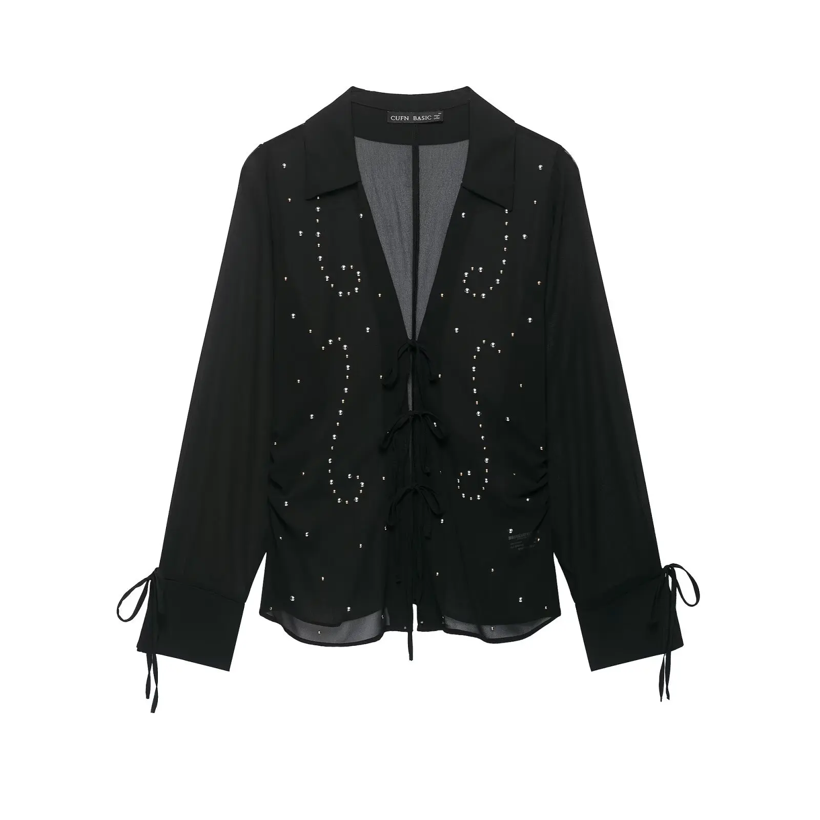 Women Black Sheer Mesh Blouse Rhinestone Lapel Tie Front Shirt Long Sleeve Ruched Sexy Y2K Party Clubwear See Through Tops 2026