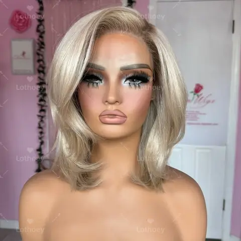 Perruque Bob courte 13x4 dentelle frontale perruques couleur blond cendré 180% densité Remy ondulé perruques de cheveux humains pour les femmes vague de corps 613
