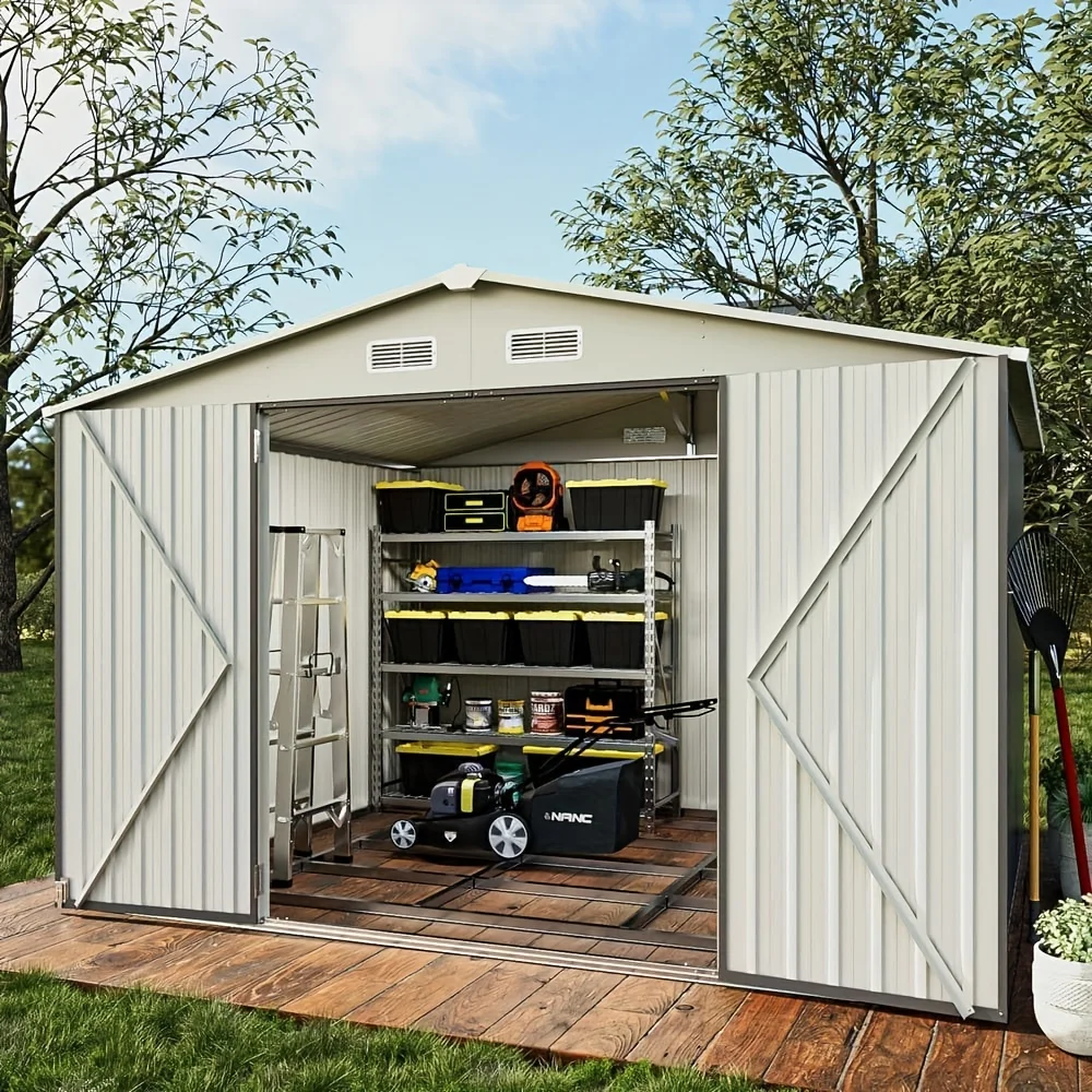 Set, 9 Ft. W X 7.5 Ft. D Gray Metal Storage Shed With Lockable Door And Vents For Tool, Garden, Bike (67 Sq. Ft.)