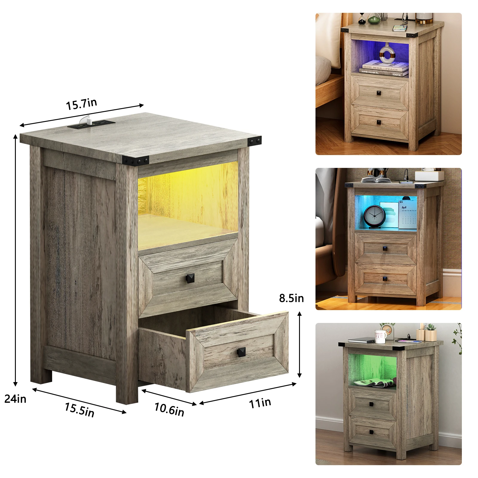 Nightstand with Charging Station and LED Lights, Bedside Table with 2 Drawers and Open Storage for Bedroom