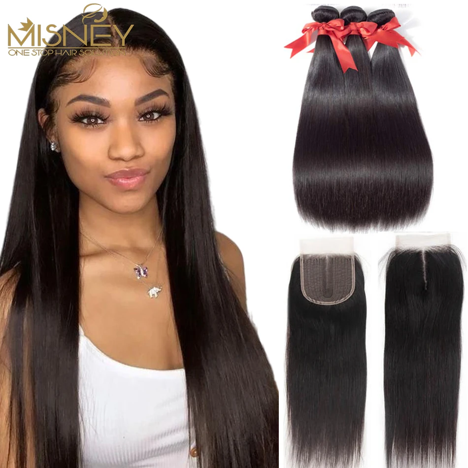 Long Straight Human Hair Bundles With Closure Brazilian Hair Weaves Straight Extension With 4x4x1 Closure For Women Misney