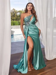 Luxury Satin Beaded Applique Long One Shoulder Satin Dress Sleeveless Side Leg Slit Lace Appliqued Prom Evening Nove1192
